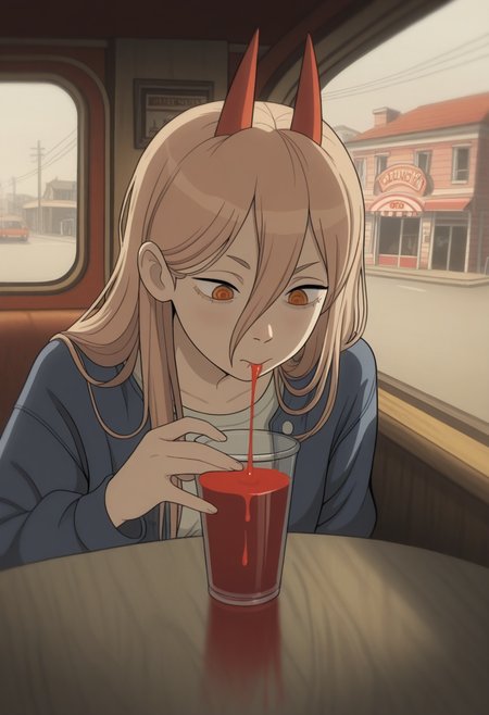 W411,   masterpiece, best quality, solo,                                                                                                                               power \(chainsaw man\),  red horns, drinking blood smoothie, straw, street, seated in diner, warm colors, window,