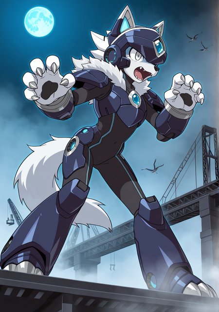masterpiece,best quality,amazing quality, XOVER, robot armor, black bodysuit, helmet, wrist armor, shoulder armor, chest armor, waist armor, blue gem, glowing gem, leg armor, robot ears, white gloves, solo, furry male, tail, wolf, snout, fangs, dark blue armor, silver eyes, paws gloves, claws, open mouth, leaning forward, action pose, threatening, legs apart, claw pose, >:3, outdoors, command base, metal bridge, crane, futuristic, android, robot, fog, haze, night, blue moon