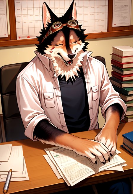 score_9, score_8_up, score_7_up, 8k, detailed design, detailed background, detailed characters, masterpiece, anthro only, furry only, 1boy, solo,  <lora:Yoki-000002>,yoki, yoki_kurogane, black shirt, 1boy, furry male, goggles on head, pants, open shirt, goggles, dog boy, boots, black fur, dog ears, dog tail, closed eyes, reading, sitting, tear, parody, dynamic angle, bills,  desk, papers, office,