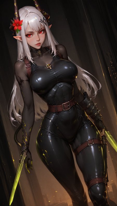 masterpiece, best quality, good quality, newest, highres, absurdres, volumetric lighting,gradient color, BREAK raytracing, volumetric lighting, ambient occlusion, , masterpiece, best quality,  masterpiece,amazing quality,best quality,ultra-detailed,8K,illustration,CG,shiny hair,clear skin,ultra-detailed-eyes,background, eyelashes BREAK, (hypersexual,  highly detailed features, sexualized:1.1), ,
<lora:arknights-mudrock-ponyxl-lora-nochekaiser:0.8> mudrock, hair flower, flower, red eyes, white hair, long hair, large breasts, pointy ears, hair ornament, horns, ,
<lora:Detailer_NoobAI_Incrs_v1:1> detailed, <lora:illustriousXL_stabilizer_v1.23 ill-helper:0.15>
<lora:Sakimichan_Illustrious:0.4> sk1m1ill, ,<lora:Incase_Style_r1:0.8>,<lora:MoriiMee_Gothic_Niji_Style_Illustrious_r1:0.4> artist:moriimee,
dutch angle, 
Callidus assassin, black bodysuit, wrist blade, <lora:callidus_ill:1>