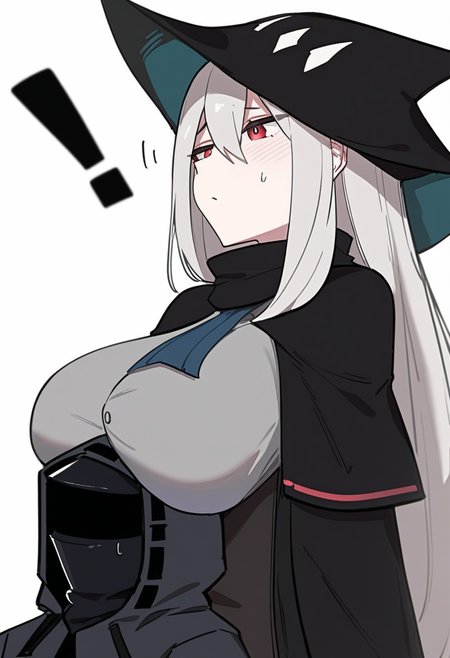 masterpiece,best quality,very aesthetic,absurdres,1boy, 1girl, <lora:breasts_on_head:1>,<lora:JXXLV1:1>,1girl, 1other, ambiguous_gender, black_capelet, black_coat, black_gloves, black_headwear, blush, breasts_on_head, closed_mouth, commentary_request, covered_face, cowboy_shot, doctor_\(arknights\), from_side, grey_hair, grey_shirt, hat, highres, hood_up, hooded_coat, large_breasts, long_hair, red_eyes, simple_background, skadi_\(arknights\), straight_hair, sweatdrop, white_background