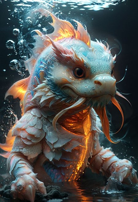 A giant mystic smiling fmb armored (koi-carpius-mechus:1.2) that is repelling (neon water:1.1), 8k,  resembling an fire-element in pastel neon striped knitted fluffy bodysuit with HR Giger inspired giant shoulder pads, crepuscular rays, volumetric lighting, ultra detailed