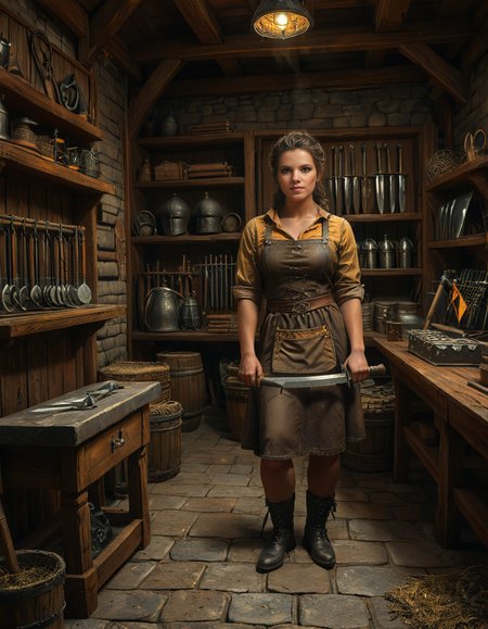 looking at viewer,A strong and elegant female blacksmith standing confidently in her medieval forge shop,medieval f0rg3 sh0p. She has a determined expression on her face, with soot and ash lightly marking her skin. She is wearing a thick leather apron with scorch marks, a rolled-up linen shirt underneath, and sturdy boots. Her muscular arms are visible, showing the strength of her craft. She holds a glowing hammer in one hand, recently pulled from the forge, with faint sparks flying around. The background shows a dimly lit, rustic workshop filled with medieval tools: an anvil, a glowing furnace, hanging tongs, and shelves lined with metallic objects like swords and horseshoes. The warm orange glow of the fire contrasts beautifully with the dark, shadowy corners of the shop. The atmosphere is filled with details of realism, evoking a sense of hard work and medieval craftsmanship.<lora:SDXLFaeTastic2400:0.4> <lora:extremely_detailed:0.4> extremely detailed, <lora:medieval_f0rg3_sh0p:1>, Masterpiece,best quality,hi res,8k,hi res,8k,award winning,(sharp focus, intricate, highly detailed),