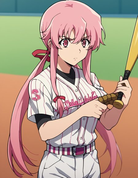 score_9, score_8_up, score_7_up, source_anime, <lora:yuno-gasai-s1-ponyxl-lora-nochekaiser:1>, yuno gasai, long hair, pink hair, pink eyes, sidelocks, ribbon, red ribbon, hair ribbon, twintails, medium breasts,, <lora:baseball-uniform-ponyxl-lora-nochekaiser:1> baseball uniform, baseball, striped belt, shirt under shirt, sportswear, ribbed shirt, baseball helmet, baseball bat, baseball jersey, baseball field, holding baseball bat,, , cowboy shot,