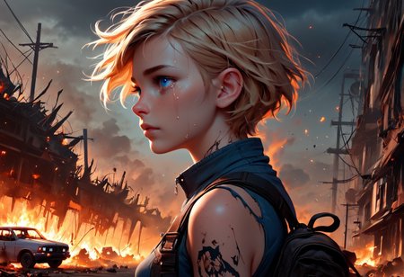 1girl, Masterpiece, 4k, ultra high detail, score_9, score_8_up, score_8, 18yo, petite, medium breast, short blonde hair, fcNeg, stunning blue eyes, freckles, white skin, small nose, innocent beauty, slim face,  skinny petite body, 
Torn sport clothes
Dark sky, burning sky, nighttime, night, 
Fear in her eyes, crying, 
Sideview,  Apocalyptic scene, burning skyscraper, burning city, derstroyed cars, a huge asteroid swarm in the sky, 
Many asteroids in the sky, 
End of the World, 
negative_hand, NightScapes,