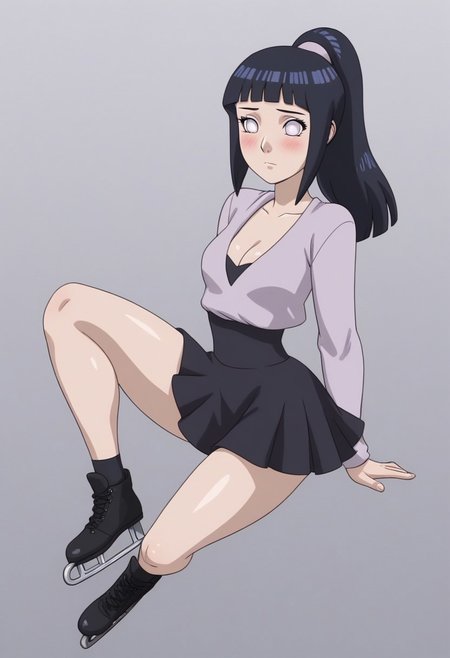 1girl, solo, (hinata, hyuuga hinata, purple eyes, blunt bangs, black hair, white eyes, no pupils, hyuuga hinata, bangs, blunt bangs, dark blue hair, white eyes, no pupils, big boobs,
solo, blush, embarrassed, expressionless, 
Fullbody, sexy, perfect body, hourglass figure, cleavage, butt, thick thighs, small waist, natural breasts, skin pores, detailed skin,
High ponytail, hairband, 
skirt,shoes,
m_miketa,
Ice skating rink,
 masterpiece, best quality
Expressiveh, g0thicPXL,