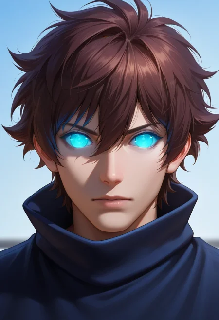 masterpiece, best quality, , semi-realistic, looking at viewer, 1boy, solo, male focus, <lora:leonardo_watch_ilxl:0.92>, leonardo_watch, brown hair, short hair, hair between eyes, bangs, blue eyes, glowing eyes, ,