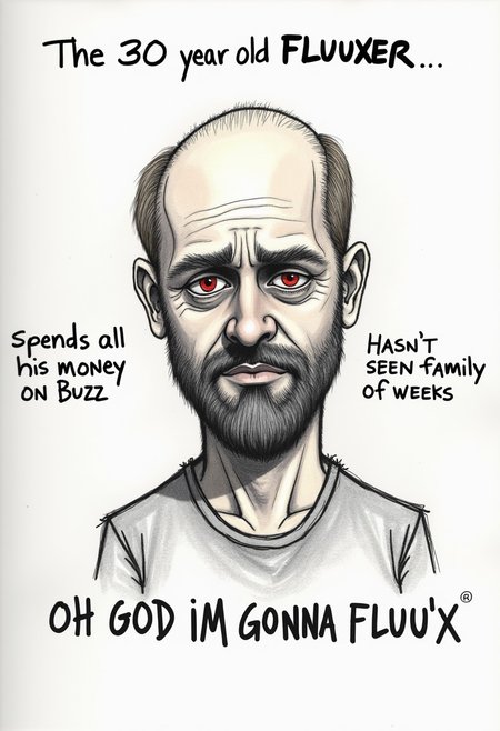 A rough, poorly drawn pencil sketch of a almost bald man with patches of  dark blonde hair, with reddish eyes (colored), dark blonde beard, stained shirt, sleep-deprived look. looking directly at viewer, coomer meme, Headline text above him says "The 30 year old FLUUXER", small text on the middle left says "spends all his money on Buzz", small text on the middle right says "Hasn't seen family in weeks", larger text at the bottom says "OH GOD IM GONNA FLUUUX", Wojak meme, legible text, legible captions,