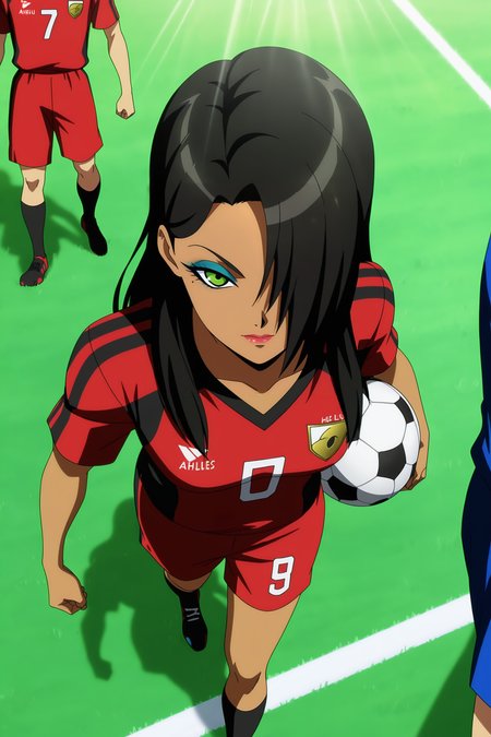 anime screencap, absurdres, high quality,  official style, 
helles, dark-skinned female, long hair, black hair, gold hair ornament, green eyes, mole under eye, makeup, eyeshadow, from above, red soccer uniform, holding soccer ball, stadium, grass, blurry background, crowd, hair over one eye, dappled sunlight, day, light rays, 
 <lora:Helles_IL:0.8>