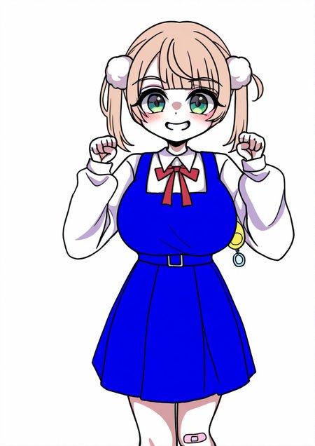 <lora:Tokigui:1.2>,1girl, shigure ui (vtuber), shigure ui (young) (vtuber), huge breasts, aged down, bandaid, bandaid on knee, bandaid on leg, blue dress, blush, collared shirt, crime prevention buzzer, dress, green eyes, grin, hair ornament, light brown hair, long sleeves, looking at viewer, medium dress, neck ribbon, parted lips, pinafore dress, pleated dress, pom pom (clothes), pom pom hair ornament, puffy long sleeves, puffy sleeves, red ribbon, ribbon, shirt, short hair, sleeveless, sleeveless dress, smile, solo, twintails, white shirt,