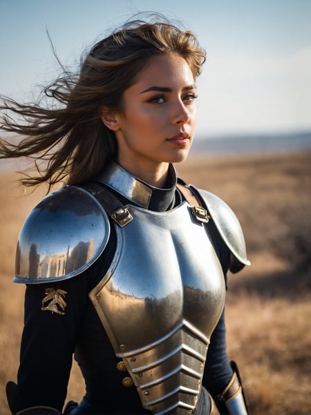 A dynamic cinematic photograph of Jenna_Sims_P_MXAI_SDXL:1.2  , wearing full plate armor, in a battlefield, windblown hair, smudges, dirt, windblown hair,, SK_CINEMATIC, ziprealism