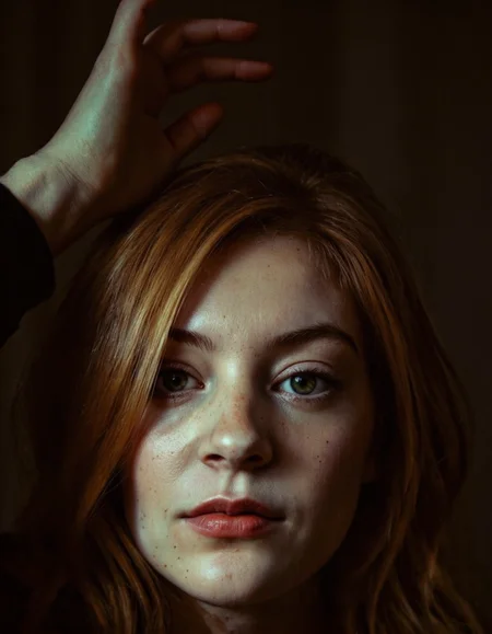 horror style Rembrandt style Instagram influencer post that gets a lot of likes because she looks so sexy. She has reddish blonde hair, <lora:Lexi_Nova_A_Fictional_Woman:1> . Baroque, chiaroscuro, realistic, emotional, "flat lighting . dark, eerie, gothic, macabre