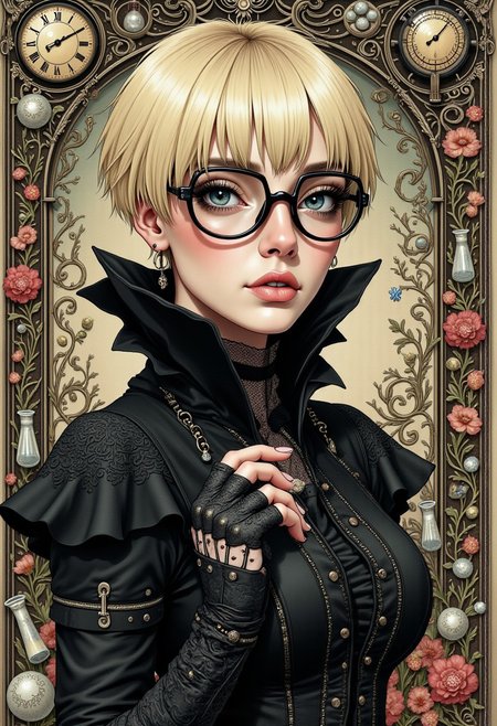 a beautiful woman with cropped very light pastel pixie blonde hair and large rimless glasses, year 2025 fashion inspiration, victorian punk aesthetic, future punk, apothecary jars, measurements, beakers, funeral-chic, transhumanistic grunge, black clothes, anarchy-core, our rights are being taken away, protest chic
Detailed hand, Hand, Perfect hand