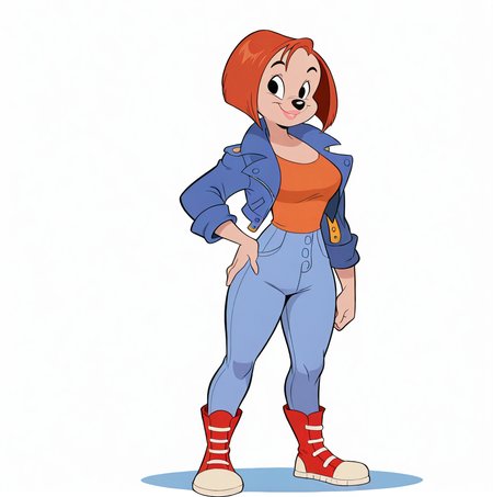 <lora:debbiedune_illustrious:1>, Debbie Dune, 1girl, solo, breasts, looking at viewer, smile, standing, full body, boots, pants, black eyes, hand on hip, blue jacket, red footwear, cropped jacket, orange hair, short hair, animal nose, jeans, blue pants, furry female, furry, jacket, denim, orange shirt, lips, lipstick, (masterpiece), (best quality), (ultra-detailed), amazing quality, very aesthetic, illustration, perfect composition, intricate details, absurdres, incredibly absurdres,