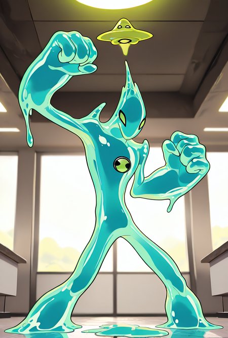 <lora:goop-09:1> goop, solo, no humans, male focus, blue skin, pokemon (creature), slime (substance), translucent character, transparent skin, floating small yellow ufo on head, dynamic pose, stretchy limbs, blue slime, massive hands, 
no legs, ready to punch, inside factory, slime puddle, masterpiece, best quality, amazing quality, very aesthetic, absurdres, newest,