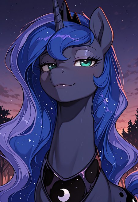 masterpiece, best quality, amazing quality, very aesthetic, absurdres, newest, solo. pony, mare, N1j1, Princess Luna,  Princess Luna is an alicorn, her body is the dark blue of the night sky,  Her mane and tail are long and wavy, Her eyes are green,  She wears a crescent-shaped ornament on her neck, and a crown on her head, sassy_expression,  arrogant face, moody_atmosphere, arrogant_facial_expression, outdoors, dusk, moon_behind, slightly_close_up, maybe_face_focus, 
