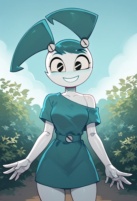 (Masterpiece, best quality:1.2), score_9, score_8_up, flat color, flat shading, soft shading, lighting, Jenny Wakeman in a blue ruffle off the shoulder dress with a blue maxi dress, twintails, blue hair, My Life as a Teenage Robot, series accurate, beautiful, best high quality, high res, robot, humanoid robot, whole body shot, 1girl, ((solo, outside, in a garden, clear blue sky, sunny day)), smile, cowboy shot, cowboy shot, cartoon, cartoon style,