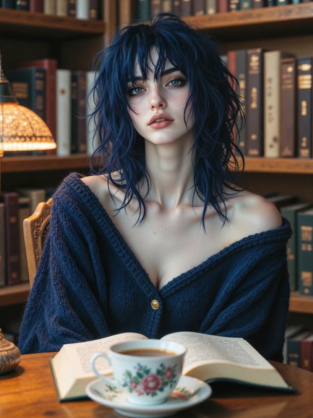highly detailed, hyper-realistic cinematic portrait photograph capturing a serene and contemplative moment inside a grand, old-world library, the focus is on a young woman with deep blue, messy hair, detailed captivating blue-green eyes and beautiful delicate female hands, seated at a wooden table surrounded by antique bookshelves filled with leather-bound books. she is immersed in reading a large antique book, its pages illuminated by the soft golden glow of an art nouveau desk lamp, her expression is gentle with a faint smile playing on her lips, her beautiful eyes radiate curiosity and quiet joy. she is dressed in an elegant night blue sweater with a low neckline that contrasts with the warm tones of the library, her posture is relaxed but engaged, on the table there is a teacup with a floral pattern on a saucer, the antique book and the desk lamp. the background features the grandeur of the library, with its intricately carved wooden shelves stretching high up to a vaulted ceiling, the warm light filtering through stained-glass windows creates dappled patterns on the walls and floor, adding a subtle sense of wonder and timelessness to the atmosphere. the shot type is a medium close-up, three quarter view, with the camera at eye level, creating an intimate perspective, the composition is balanced with leading lines from the table and bookshelves that naturally guide the viewerâs eye toward her, the shallow depth of field blurs the distant shelves, keeping the focus on her and her immediate surroundings. the lighting is soft and diffused, blending the warm, golden tones of the desk lamp with the cool, ambient light filtering in from the stained-glass windows, subtle highlights accentuate her hairâs texture and the curve of her cheekbones, while gentle shadows add depth to her features and the folds of her sweater. the photograph is rendered with hyper-realistic precision, capturing every detail from the fine texture of the book pages to the subtle floral pattern on the porcelain teacup, the rich, warm color palette of the scene enhances the feeling of comfort and intellectual curiosity, the interplay of light and shadow across the setting creates a cinematic quality. shot on a medium-format camera with an 80mm f/2.8 lens for unparalleled sharpness and natural bokeh, fictionalopal, aidmafluxpro1.1, 
<lora:opal-character-flux-by_meower2024:1.0> 
<lora:flux_pro1.1_detailer-v0.2-flux-by_aidma:0.6>