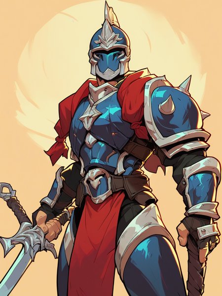 score_9, score_8_up, score_7_up, 1boy, armored, big boy, helmet, smile, holding sword, looking at viewer, cowboy shot, smile, wide shot, solo, portrait, hands at side,
 <lora:2XKO_style:1>, 2XKO, wide shot,