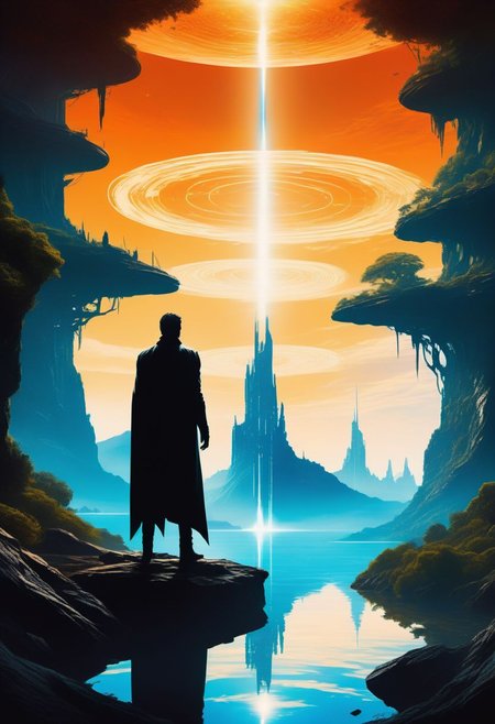 ((masterpiece, best quality)), high resolution, highly detailed, 32k picture,
science fiction, environment, white cubic tower, solo, 1boy, silloutte, standing, outdoors, sky, day, water, from behind, cape, trees, blue sky, scenery, reflection, flare,