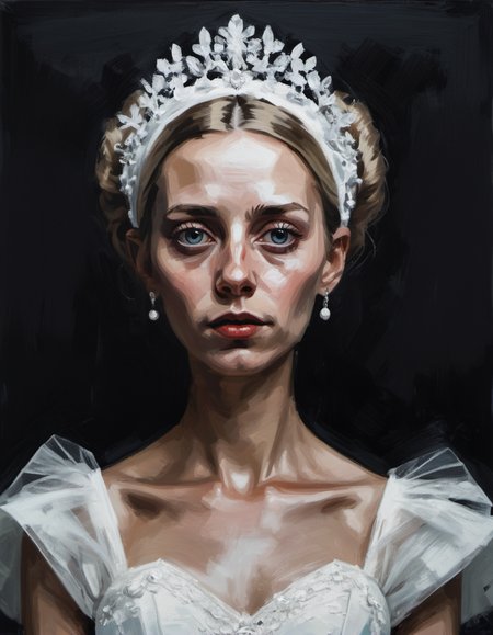 surreal painting, portrait of a Scandinavian woman wearing a wedding dress, dark theme,  <lora:DiscoDeliriumXL-v1.2:0.8>