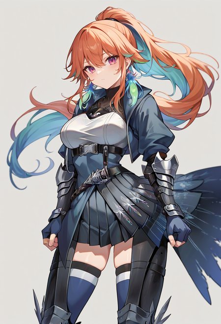 score_9,score_8_up,score_7_up,score_6_up,score_5_up,score_4_up,
1girl, takanashi kiara, long hair, high ponytail, streaked hair, breasts. layered dress, armored dress, boobplate, chest belt, high collar, shirt, grey gambeson, black pleated miniskirt, vambraces, dark blue fingerless gloves, waist cape, black thigh boots, greaves, blue thighhighs, blue headpiece, feather earrings, 
solo, grey background, simple background, cowboy shot, looking at viewer, 
<lora:KiaraV1Ponyxl:1>