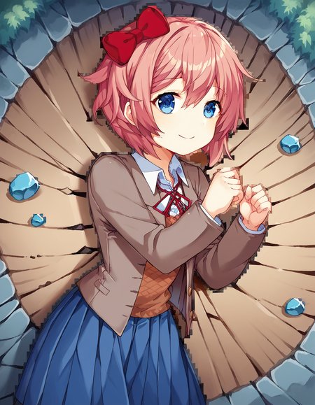 score_9, score_8_up, score_7_up, source_anime, <lora:ddlc-sayori-ingame-ponyxl-lora-nochekaiser:1>, sayori, blue eyes, hair between eyes, hair bow, hair ornament, pink hair, red bow, short hair,, blue skirt, pleated skirt, school uniform, skirt, brown jacket, jacket,, stream, water, rocks, flow, forest, smile, <lora:yamcha-pose-ponyxl-lora-nochekaiser:1> yamcha pose, yamcha pose (meme), crater, meme, on side, defeat, lying, on ground, on floor,, looking at viewer, solo,, dutch angle, cowboy shot