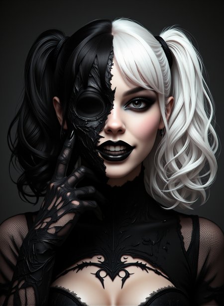 highly stylized digital artwork depicting a woman with a striking, asymmetrical appearance. She has long, wavy hair that is divided into two distinct sections: one side is bright white, while the other is jet black. Her hair is styled into high pigtails, secured with black hair ties. Her makeup is equally bold, with thick black eyeliner, dark eyeshadow, and black lipstick that gives her a sinister, clown-like appearance. She has a wide, mischievous grin, revealing sharp, pointed teeth. Her right hand, which is partially visible, is adorned with a black lace glove that adds to the eerie, gothic aesthetic. The left side of her face is covered in a black mask, while the right side is exposed, showing her natural skin tone. The background is a gradient of dark tones, enhancing the contrast between the light and dark sections of her face. The overall style is dark and moody, with a focus on contrast and asymmetry, giving the image a haunting, surreal quality. The textures are smooth, with a polished, almost hyper-realistic finish, typical of high-quality digital art., aidmaimageupgrader, aidmamj6.1,