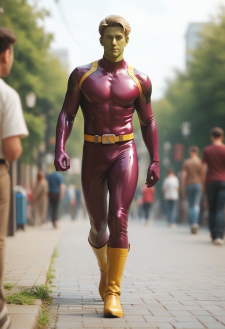 score_9, score_8_up, score_7_up, green face, mature, adult male, colored skin, superhero, latex, short blonde hair male, ((magenta bodysuit)), fuchsia superhero, yellow belt, yellow boots, walking, depth of field, 32k UHD resolution, best quality, high quality, full body