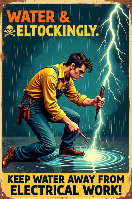 "Vintage safety poster cartoon depicting a worker foolishly attempting to repair electrical wiring while knee-deep in a puddle of water, rain pouring down around him and lightning flashing dramatically in the background. He's holding a wrench and screwdriver, with exposed, sparking wires dangerously close to the water.  His hair is standing on end, and a comical skull and crossbones appears momentarily above his head as electricity crackles around him.  The sign text in vintage font screams: 'WATER & ELECTRICITY: A SHOCKINGLY BAD MIX!  KEEP WATER AWAY FROM ELECTRICAL WORK!'  Render in a high-contrast, vintage cartoon style, using dramatic shadows and bright flashes of electricity to emphasize the danger.  Utilize a palette of electric blue, warning yellow, and stark black to create visual impact.  Visually stunning vintage cartoon, impactful safety message, high detail in rain effects, electrical sparks, and the worker's foolish actions." <lora:REMEs_War_Poster_Style:0.9> In REME's War Poster Style,âââ
