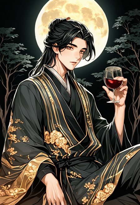 1boy, handsome,long black hair, brown eyes,  A serene and slightly melancholic scene under a full moon. In a forest, dressed in traditional Chinese clothing (perhaps a flowing robe), is gazing upwards at the moon. holds a Chinese wine cup delicately in one hand. His expression is contemplative and slightly wistful Jasmine blossoms
