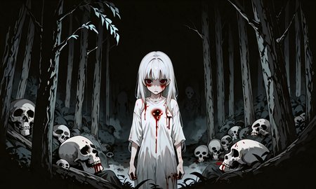score_9, score_8_up, score_7_up, score_6_up, source_anime, BREAK 1girl, long hair, white hair, empty eyes, standing, closed mouth, blood, blood on face, skull, corpse, skull, blood on clothes, forest, night, horrorStylez
