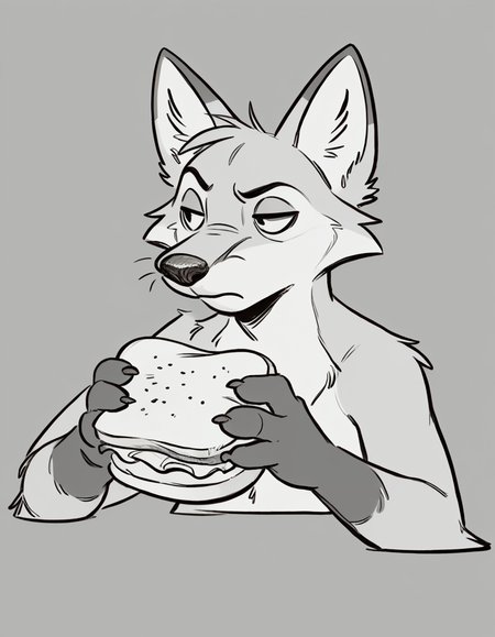 furry fox eating a sandwich, relaxed expression, full mouth,  sandwich in hand, bored, 
source_furry, 
 <lora:GrayCove:0.5> monochrome, furry <lora:Tritscrits_Style_PonyXL:1> tr1tscr1ts <lora:kb0g_1.0Pony:0.8>, score_9, score_8_up, score_7_up, score_6_up, score_5_up,