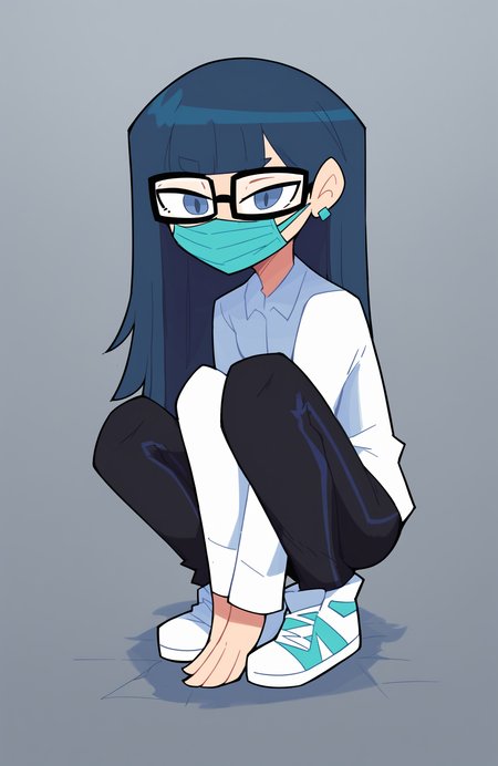 score_9, score_8_up, score_7_up, score_6_up, score_5_up, score_4_up, BREAK
1girl, solo, glasses, shoes, long hair, squatting, pants, long sleeves, sneakers, grey background, black pants, jewelry, simple background, earrings, blue eyes, bangs, shirt, grey eyes, white footwear, looking down, looking at viewer, mouth mask, white shirt
 <lora:miscon_ponyxl:1>