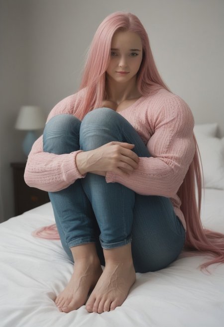 <lora:Mustonk-PonyXL-1024px:0.9>
score_5_up, 
 1girl, muscular female, veins, pink hair, absurdly long hair, solo, huge breasts,huge nipples, long hair, hair over one eye, parted lips, realistic, ultra realistic, 
pink oversized sweater, denim pants, sitting on bed, shy, knees up, hugging own legs. shy smile, closed mouth, bedroom,