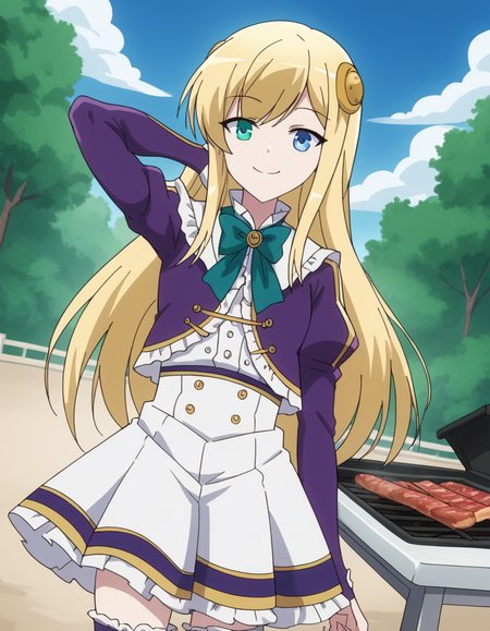 score_9, score_8_up, score_7_up, source_anime, <lora:yumina-belfast-urnea-s2-ponyxl-lora-nochekaiser:1>, yumina belfast urnea, long hair, blue eyes, blonde hair, hair ornament, green eyes,, skirt, thighhighs, purple sleeves, frills, white skirt, skirt, blue skirt, frilled skirt, bowtie, green bowtie, frilled center, backyard, barbecue, grilling, laughter, summer evening, smile, hand behind head, , looking at viewer, solo,, dutch angle, cowboy shot