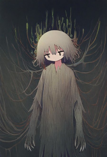 Theme: Surreal horror, eerie dystopia, dark realism
Subject: Humanoid figure with a retro TV for a head, static-filled screen, unsettling pose
Environment: Foggy, desolate forest clearing, muted colors, ominous atmosphere
Body Details: Thin, elongated limbs, jagged claws, tattered, moss-like texture covering the body
TV Screen: Flickering static in vibrant RGB bars, vintage knobs and antennas, glowing faintly in the fog
Mood: Creepy, ominous, otherworldly, unsettling
Lighting: Diffused, moody lighting with subtle backlight from the fog
Details: Overgrown roots and rocks on the ground, hints of red foliage in the background, weathered and decrepit aesthetic
Impression: Tension, unease, mysterious allure, dystopian nightmare , Abstract, swirling lines and shapes, , Flowing organic forms, scattered geometric shapes, , layered textures, , Hand-drawn aesthetic,, painterly, Dreamlike, surreal, fluid motion, sense of introspection, Calm Mood, contemplative Mood, nostalgic Mood, gentle chaos Mood, Imagination, inner thoughts, blending reality with abstraction