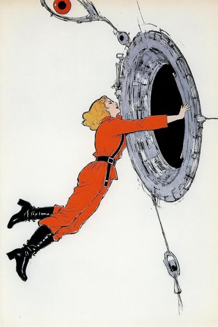 regr1 illustration.   
Overhead sideview of a blonde woman dressed in a orange spacesuit and heavy boots, is carefully re-enacting the iconic scene from 2001: A Space Odyssey where David Bowman deactivates HAL 9000. Floating weightless on one side of a vast empty spacecraft, she methodically removes the components of the HAL 9000 interface, one piece at a time. The setting is tense and sterile, with bright lighting reflecting off the white sterile surfaces, capturing the eerie, unsettling atmosphere of the original scene. The red glow of HAL's eye slowly fades as the scene unfolds, highlighting the dramatic tension between human and machine  <lora:regr3_shoujo_nocap_d6a3:1.0><lora:808056414367998563:0>