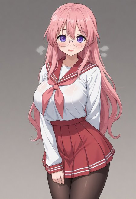indoor, midnight, Health room, 
8k, super high vision:, intricate details, Super high quality, Super high resolution, masterpiece, full color, 
anime art, animation, 
beautiful breasts, huge breasts, 
super cute girl, super cute face, narrow waist, 
sweat, shiny skin, wet hair, wet body, droplet, 
looking at you sexually, sexually excited state, heterosexual, gonzo, 
smug, open your mouth, sigh, long breath, blush, bitch, 
standing, 
sailor collar, uniform, red skirt, pink neckerchief, mini skirt, black pantyhose, 
tiny hips, hips, thigh, 
miyuki takara, long hair, purple eyes, pink hair, glasses, cowboy shot, cowboy shot, cowboy shot,