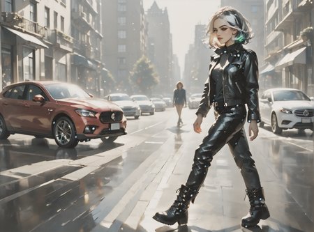 score_9, score_8_up, score_7_up, character in profile, walking, looking at surroundings, 1girl, pale skin, medium breasts, <lora:sm0k3XLP:1>, <lora:goth_clothes:1>, Black leather jacket, black leather pants, black riding boots, white highlights, Black hair, white highlights, <lora:_sdxl-gaming-pony:1>, <lora:Eldritch_Universe_Style:1>,