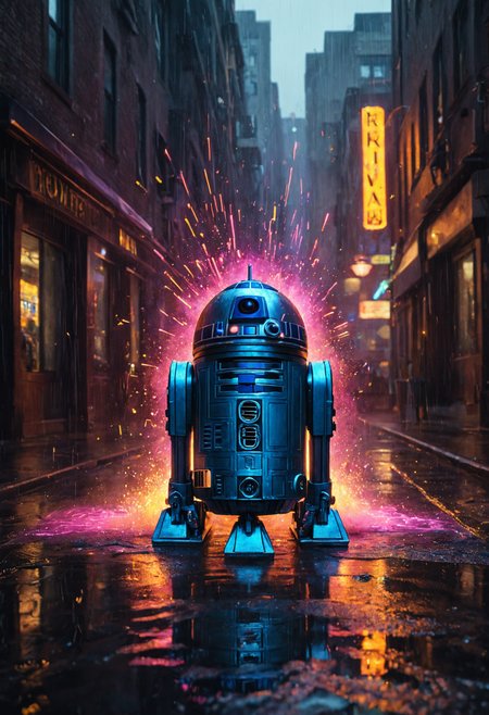 Psychedelic style ((( K2SO: Star Wars droid with sleek, contemporary design. Combines classic and modern elements1. in 42. Creative Design Studio in a Converted Loft. 1. The Hover-Toaster 3000, they have shiny chrome elements)))All written text begins rearranging itself into poetry that predicts events happening five minutes in the future.
 (((with exaggerated expressions))) Holding Microphones: Ready for their solo debut! These veggies are here to sing their hearts out in your kitchen concert., Cinematic Rainy Day Street Scenes: Photograph urban streets during rainstorms when reflections from puddles combine with glowing streetlights for moody, atmospheric compositions..(dynamic:1.1),sun rays, 
(Vivid, HDR, Canon50, 8K, Hyper Realistic, Dramatic, Epic, Dynamic Contrast, Cinematic Lighting, increased brightness)(((Zoomed Out, Far away Shot))) = =. Epic dynamic lighting , vibrant,highly detailed,psychedelic,((Psychedelic, rainbow glow ))
((Vivid, Epic, Dynamic contrast)) (((Zoomed out, Far away shot, In frame)), (((Cinematic, Studio lighting, Contrast)))
<lora:juggernautXL_version6Rundiffusion:0.8><lora:rundiffusionXL_beta:0.8><lora:epicrealismXL_v5Ultimate:0.8><lora:crystalClearXL_ccxl:1><lora:extremely_detailed:0.8> extremely detailed
 <lora:hyperkraximalism:0.2> hyperkraximalism
<lora:QuadpipeQp_sdxlV2:0.4> 
<lora:xl_more_art-full_v1:0.1>
<lora:RMSDXL_Darkness_Cinema:0.2>
<lora:glowneon_xl_v1:0.4> glowneon, glowing, sparks, lightning, - Generate images with sharp edges and fine details.
- Produce high-resolution images with no blurriness or distortions.
- Create images with clear and well-defined subjects.
- Ensure that the output images have crisp lines and distinct features.
- Generate images with vibrant colors and accurate tones.
- Avoid noise or artifacts in the generated images.
- Focus on producing clear textures and patterns in the images.
- Emphasize clarity and definition in all aspects of the generated images.
- Prioritize the sharpness and clarity of the main subjects in the images.
- Optimize the AI model to produce clear and visually appealing images., Wlop, By art germ . Vibrant colors, swirling patterns, abstract forms, surreal, trippy