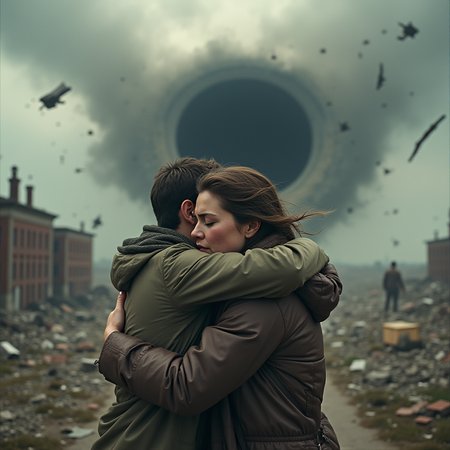 A man and a woman embrace each other. The woman is crying and terrified. The world around them is crumbling into a black hole. There are buildings being sucked up into the sky and debris flying all around them. The scene is sad and chaotic with a sense of impending doom, realistic. The wind is blowing everything around them.