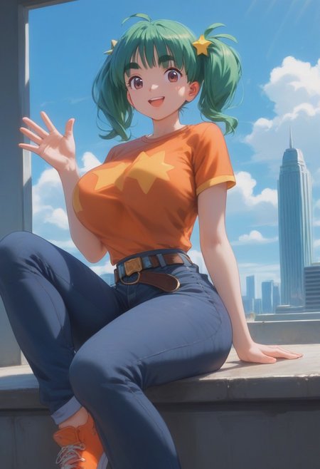 score_9, score_8_up, score_7_up, rating_explicit,1 girl, alone, cute, (voluptuous:1.2), PMDuplica, 1girl, solo, brown eyes, green hair, bangs, twintails, hair tie, thick eyebrows, short sleeves, t-shirt, orange shirt, star print, belt, jeans, orange footwear, sitting, looking at viewer, smile, open mouth, waving arms, BREAK, cityscape, blue sky, sunlight,