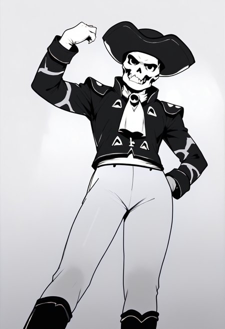 monochrome,
from below, looking at viewer, grin, 
matadorsmt, hat, skull, green jacket, white ascot, white pants, white gloves, green boots
,score_9,score_8_up,score_7_up, 
 <lora:Potat_dark_ink_v1_monochrome-RS24:1> <lora:zs_MatadorXL:1>