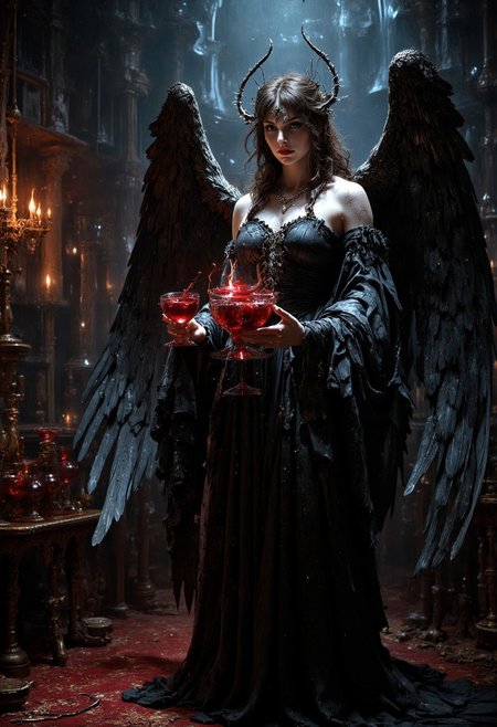 In this captivating cinematic dark fantasy scene, the Angel of Temptation stands tall in a dimly lit, opulent chamber. The angel is adorned with luxurious feathers on their corrupted wings, exuding a sultry, sensual energy. Their captivating eyes lock with the viewer, casting a dangerous and alluring gaze. The angel's hands are poised seductively, holding a decadent chalice filled with a mysterious, swirling liquid. The background reveals a room filled with forbidden treasures, exuding a sense of deceit and danger. The overall atmosphere of the image is eerie and mesmerizing, luring the viewer into the Angel of Temptation's sinister web., cinematic