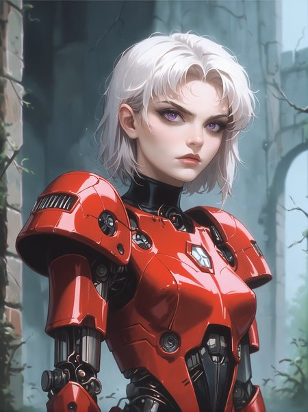 (score_9, score_8, score_9_up, source_anime, content_explicit, high quality, high contrast, realistic,
highest quality, absurdres, (sharp focus:1.2), (1girl:1.2), close-up, low angle, (rust:1.4), after rain, realistic metal texture, desolate:0.3, skintight bodysuit, kevlar, nanomesh, science fiction,
(broken robot:1.3), cracked surface, volumetric lighting, complex machinery, overgrown, lush vegetation, battle suit, mecha, steam, no helmet, young woman, white hair, messy bob, angry, purple eyes,
<lora:OldAnimeStyle_XL_v3:0.8>, vampire hunter D, bloodlust,