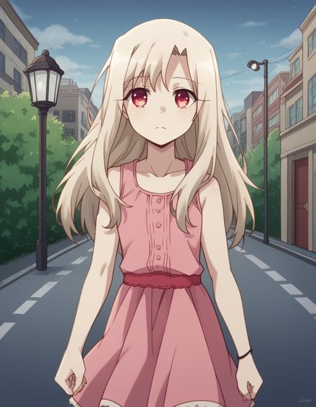 score_9, score_8_up, score_7_up, source_anime, <lora:illyasviel-von-einzbern-prisma-s2s3-ponyxl-lora-nochekaiser:1>,, illyasviel von einzbern, long hair, blonde hair, red eyes, parted bangs,, dress, collarbone, sleeveless, sleeveless dress, pink dress,, city street, evening, streetlights, walking dog, quiet neighborhood, gentle breeze, , looking at viewer, hand shaking hands, solo,, cowboy shot, dutch angle