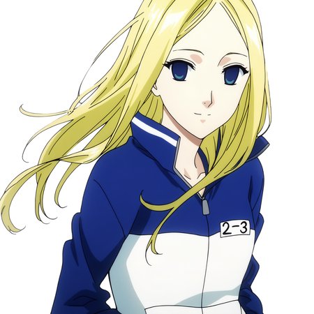 sharp focus, pixiv masterpiece, score_9, score_8_up,  source_anime, score_7_up, best quality, high res, absurd res, BREAK
<lora:Nino_arakawa_under_the_bridge_illu_v38:1>,nino_arakawa_il, (1girl, solo:1.5), blonde_hair, blue_eyes, blue_white_tracksuit, number_tag, long_hair, blue_shorts, side_stripes,anime_screencap, (white background, simple background:1.1),  expressionless, looking at viewer, subtle_smile, wind_in_hair,  hands_in_pockets