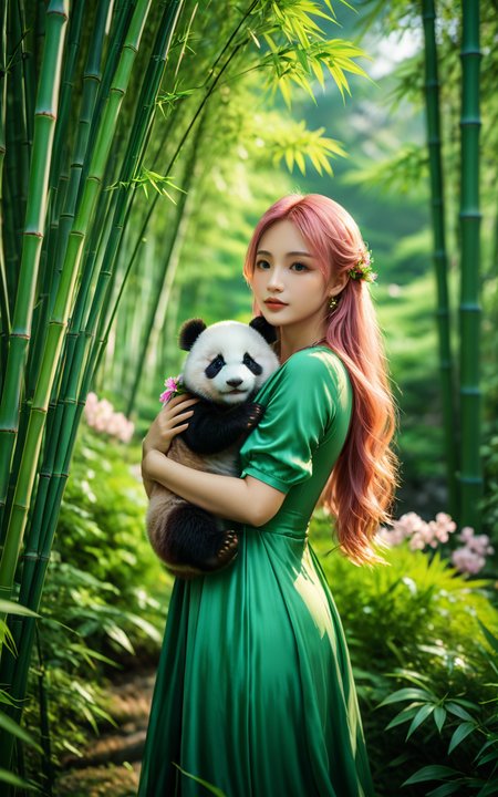 <lora:yuukananri-base-02-XL:0.8>,upper_body,yuukananri,1girl with long pink hair,green eyes,wearing an elegant green long dress,holding her baby panda in her arms,standing in a lush bamboo forest surrounded by vibrant flowers and greenery,realistic photography style,cinematic photo peering through the trees with depth of field blurring effect,natural light,35mm photograph,film,professional,4k,highly detailed,Golden hour lighting,Depth of field F2. Rule of Thirds Composition,best quality,ultra-detailed,masterpiece,Cinematic Lighting,<lora:detailed_notrigger:1>,<lora:xl_more_art-full_v1:0.8>,