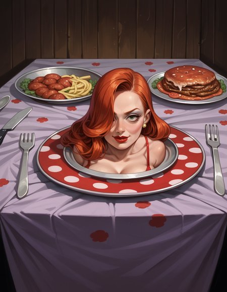 score_9, score_8_up, score_7_up, score_6_up, score_5_up, score_4_up, hud_h3ad_platt3r, solo, 1girl, jessica rabbit, table, tray, severed head, horror (theme), blood, tablecloth, <lora:headonaplatter:1>, knife, fork, spoon, spaghetti and meatballs,